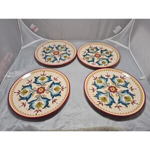 💥 Bobby Flay Sevilla Salad Dessert Plate Ceramic Floral Red Yellow Set of 4